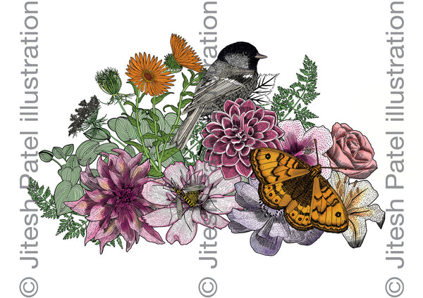 Coal Tit sitting within Wild British Florals