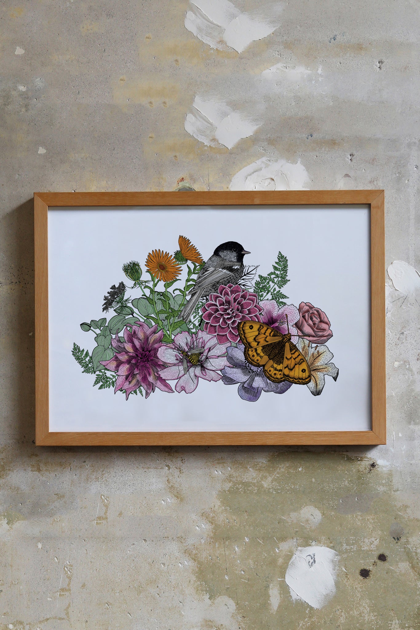 Coal Tit sitting within Wild British Florals