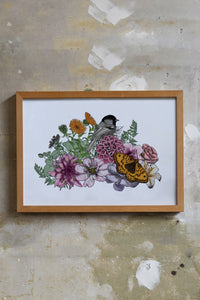 Coal Tit sitting within Wild British Florals